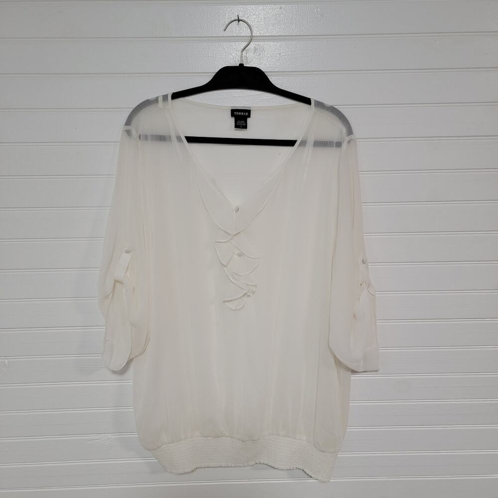 Torrid Plus Size 3X Top Whimsy Preppy Coquette Ruffle Flowy Sheer Cottagecore - Picture 1 of 8